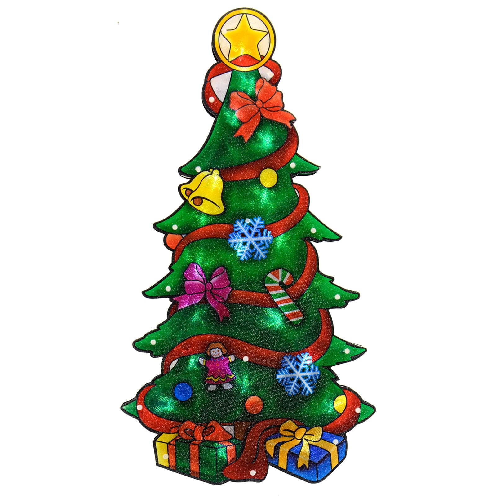 Christmas tree light up window silhouette decoration with snowflakes, candy cane, bells, bow and presents